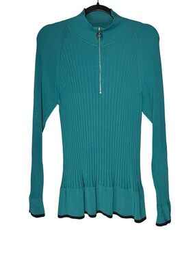 Autograph M&S Rib Knit Quarter Zip Sweater Womens Sz 14 Sea Green Viscose Blend